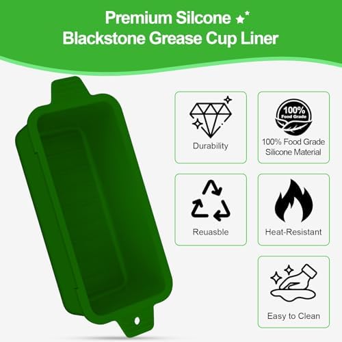 2 PCS Silicone Grease Cup Liners for Blackstone 36 28 22 17 Inch Griddle,Reusable Grease Catcher Cup Liner Grill Grease Tray,Durable Drip Pans Blackstone Griddle Accessories,Green - Image 5