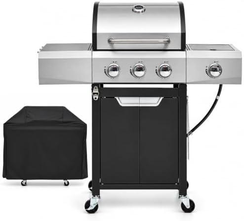 Endark 3-Burner Propane BBQ Grill, 40500 BTU with Side Burner, Stainless Steel, Cast Iron Grate, Thermometer, Rolling Wheels by ENDARK