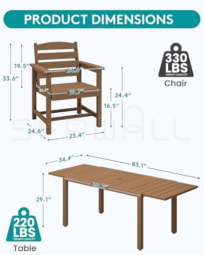 SERWALL 60" - 83" Expandable Outdoor Dining Table and 6 HDPE Chairs, Brown - Image 5