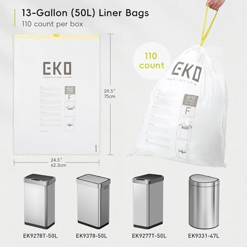 EKO 13 Gallon / 40-60 Liter,110 Count Drawstring Trash Bags, Extra-Strong Unscented Garbage Bags, Easy-Dispense Roll for Kitchen & Household Use, Resists Tears, Leaks and Punctures, Code F, White - Image 6