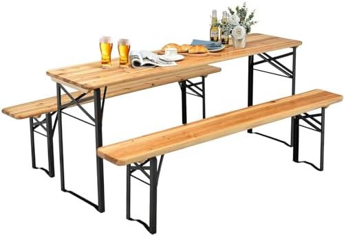 NAFORT 6FT Picnic Table Set, 3-Piece Folding Beer Table & Bench, Portable Wooden Picnic Tables for Outdoors Dining Table Set w/Metal Frame for Patio Garden by NAFORT