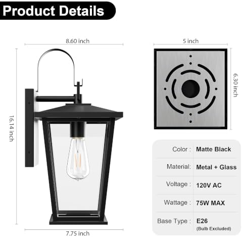 Kalium Outdoor Wall Lights Fixtures Lantern Frame 16 1/8", Outside Lights Black Transitional Durable Metal, Clear Glass for Post Exterior Barn Deck House Porch Yard Patio Garage Garden - Image 4