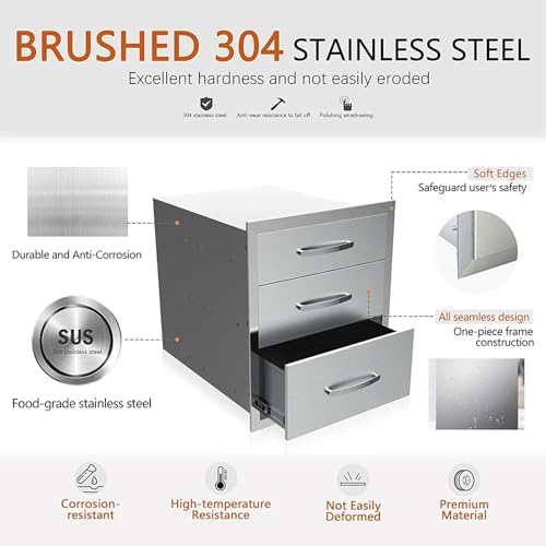 Pull Out Trash Drawer, Lower Sliding Rails Stainless Steel Roll Out Trash Bin Pull Out Tray With Handle For Outdoor Kitchen BBQ Island Grill Station,Three Drawers - Image 5