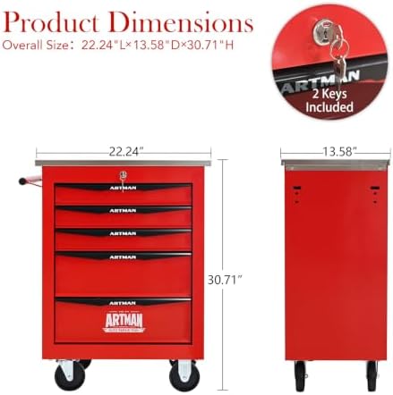 5-Drawer Heavy-Duty Rolling Tool Chest with Wheels & Steel Roof, Lockable Tool Chest Storage Cabinet for Garage, Workshop, Warehouse, and Repair Shop - Image 3