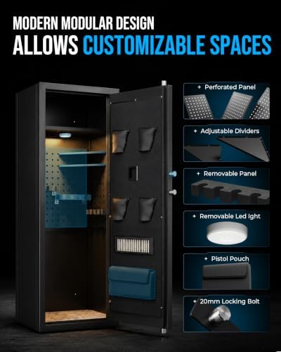KAER Biometric Gun Safe for Rifles and Pistols, 12-15 Rifle Safe Quick Access (Fits Scoped Rifles) with 24/7 Burglar Alarm, Adjustable Shelves & Pistol Pockets, Gun Cabinet for Home, Office - Image 5