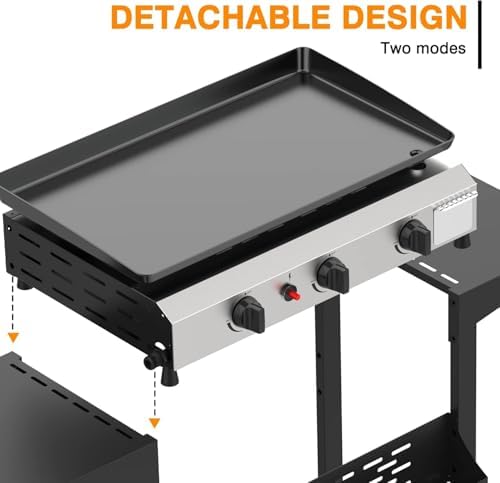 3 Burner BBQ Gas Griddle, 25.6 Inch Stainless Steel Portable Detachable Propane Griddle, 30,000 BTU Flat Top Barbecue Grill with Side Shelves for Camping - Image 5
