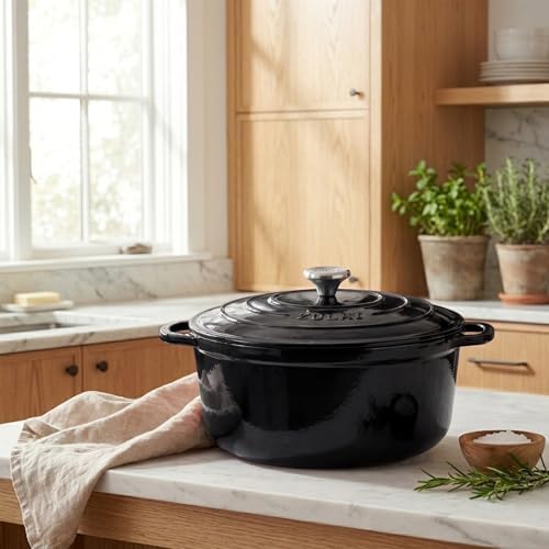 Zulay Kitchen 6.4 Quart Enameled Cast Iron Dutch Oven Pot with Lid – Premium Durability & Oven Safe up to 500°F – Heavy Duty Cookware Perfect for Bread Baking, Stews, Braising & Roasting - Black - Image 2