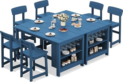 SERWALL 8-Piece Outdoor HDPE Counter-Height Bar Dining Set for 6, Blue by SERWALL