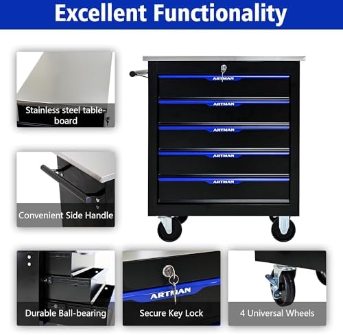 5-Drawer Heavy-Duty Rolling Steel Tool Cart with Handle&Wheels, Metal Storage Organizer Cabinet, Tool Chest for Efficient Tool Storage in Garage, Warehouse, Workshop, Repair Shop, Blue - Image 5
