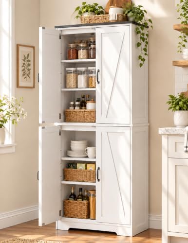 59" H Storage Cabinet, Kitchen Farmhouse Pantry Cabinet with 4 Doors, White by AURINESTHOME