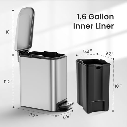 Cesun Small Bathroom Trash Can with Lid, 1.6 Gal, Soft Close, Sliver - Image 5