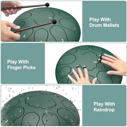 Rain Drum for Outside Garden, 8 Inches 11 Notes Steel Tongue Drum, Waterproof Meditation Rain Chime, Musical Instruments for Adult Gift with Bag, Music Book, Mallets (Green) - Image 3