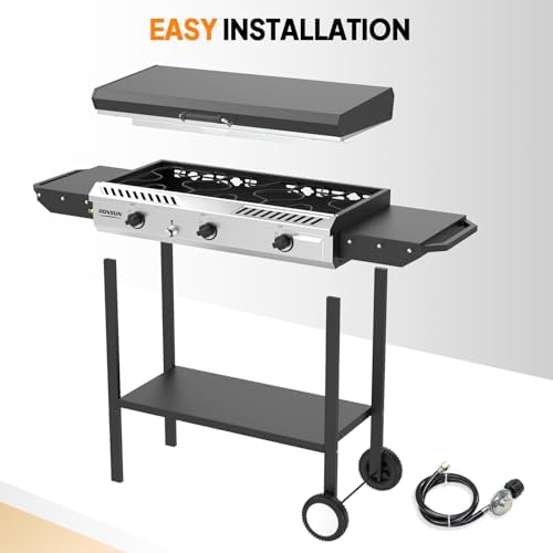 ROVSUN 3 Burner Outdoor Propane Gas Stove with Griddle, Ignition & Side Shelves, 225,000 BTU Powerful Gas Stove Outdoor Cooker for Backyard Patio Cooking Home Camping Grilling Canning Turkey Frying - Image 5