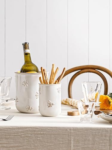 LE TAUCI Kitchen Utensil Holder Set of 2 - 6.9"+5.3" Large Ceramic Cooking Utensil Crock & Organizer for Spatula, Spoon, Whisk - Farmhouse Countertop Storage, Arctic White, Embossed, Bee - Image 6