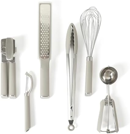 Calphalon Edge 6-Piece Stainless Steel Kitchen Tool & Gadget Set, Kitchen Utensil Set with Silicone Accent, Can opener, Straight peeler, Grater, Tongs, Balloon whisk and Scoop (Taupe) by Calphalon