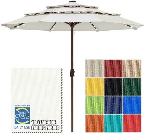 EliteShade USA 10-Year-Non-Fading 10ft 3-Tier Market Patio Umbrella, Commercial Table Umbrella with 80 Solar LED Lights, Crank Open, Windproof & UPF 50+ UV Protection for Garden, Deck, Pool, Backyard, No Tilt, White by EliteShade