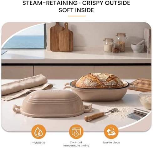 Enameled Cast Iron Dutch Oven for Sourdough Bread Baking,11 x 7 Inch Oval Cast Iron Bread Pan with Lid,Dutch Oven for Homemade Sourdough Baking,5 QT Meatloaf Pan,Oven Safe(Latte) - Image 5