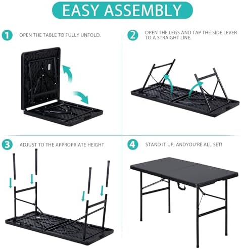 SUPER DEAL Portable 4 Foot Plastic Folding Table, Indoor Outdoor Heavy Duty Fold-in-Half Picnic Party Camping Barbecues Table with Carrying Handle, Black - Image 5