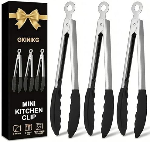 Grill Tongs,Mini Tongs with Silicone Tips,3Pcs bbq tongs 7-Inch Small Serving Tongs for Cooking, Stainless Steel Food small tongs with Locking Mechanism for Salad, Taco Bar, Appetizers & Buffet by GKINIKG