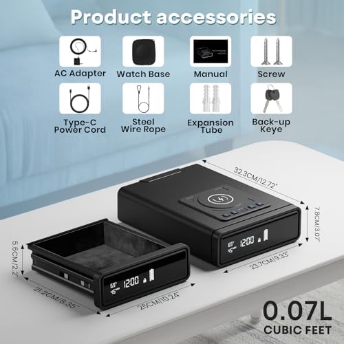 Biometric Gun Safe with Wireless Phone & Watch Charging, Drop Slot Pistol Safe with 3-Way Quick Access, LED Clock Display, Humidity & Temperature Monitoring for Handgun, Cash and Valuables - Image 6