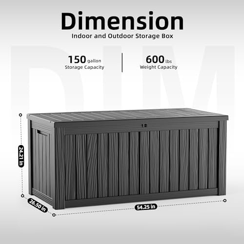 150 Gallon Outdoor Storage Box Waterproof, Resin Lockable Deck Box with Lid, Large Capacity Weatherproof Container for Patio Furniture Pool Accessories, Side Table(Black, 150 Gallon) - Image 2