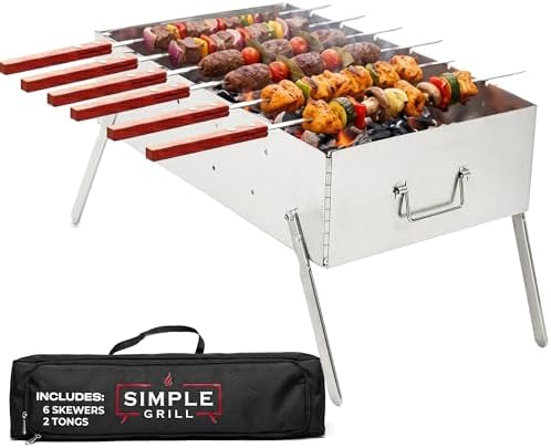 TSG Portable Stainless Steel Mangal Charcoal Grill For Shish Kebab, Steaks, Burgers | 20X12Inch| Includes 6 Skewers, 2 Tongs & Carry Bag | Foldable & Rustproof for Outdoor Cooking | Serves 8-12 People by Unknown
