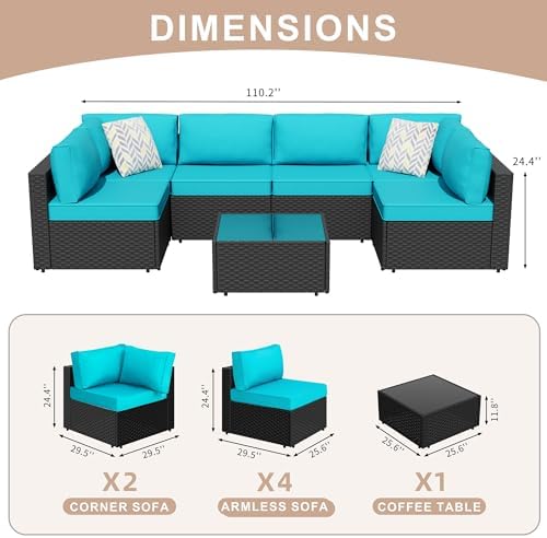 JAMFLY 7-Piece Outdoor Patio Furniture Set, Modular PE Rattan Sectional Sofa with Thick Cushions & Glass Coffee Table, Weather-Resistant Wicker Conversation Set for Poolside, Balcony, Garden, Blue - Image 2