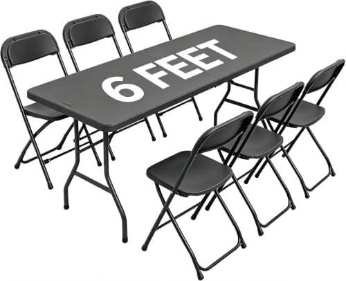 Black 6FT Folding Table with 6 Plastic Folding Chairs for Outside by WelcometoEDWINENE