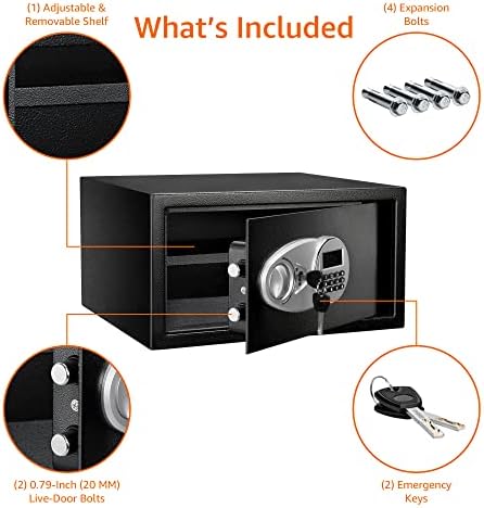Amazon Basics Steel Security Safe Box with Digital Keypad, for Valuables, Cash, Jewelry, Documents, Removable Shelf, Black, 1 Cubic Foot, 16.9"x14.6"x9.1" (WxDxH) - Image 4