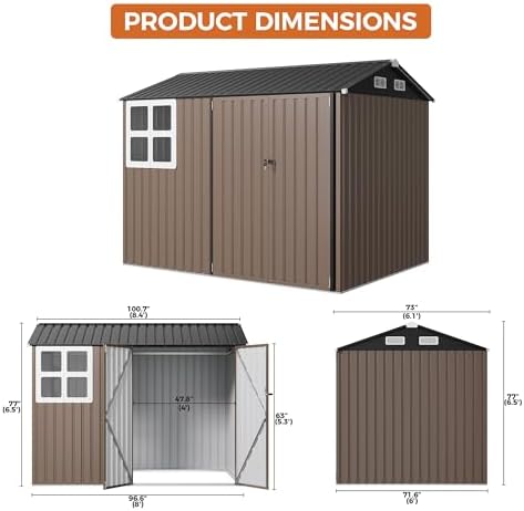 IRONCK 8x6FT Outdoor Storage Shed with Clear Window, Outdoor Shed, Brown - Image 3