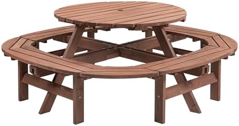 43.3'' Round Outdoor Dining Table Wooden Patio Dining Table & 1 Built-in Ring Stool for 10, 2" Umbrella Hole, Suitable for Backyard Garden Porch, Brown by JJKFurniture-kevinplus