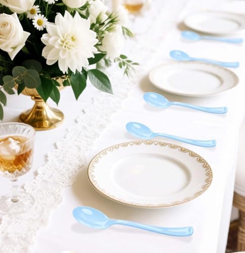 SietDESEO 50 PCS Light Blue Plastic Spoons Disposable Utensils Heavy Duty Baby Blue Spoons Disposable Cutlery for Birthday Wedding Baby Shower Bridal Shower Plastic Silverware - Image 6