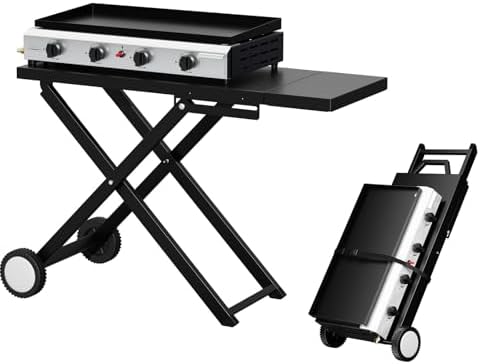 Bonnlo Foldable Flat Top Grill with 4 Burner, Powerful 40,000 BTU Propane Gas Grills with Ignition, Enamel Griddle, Side Shelf & Portable Cart with Wheels for Outdoor Camping Hibachi Grill Use by Bonnlo