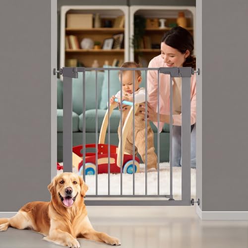 29-42 inches Metal Baby Gate for Stairs/Doorways, 30 inches Tall Pressure Mounted Pet Gates, Auto-Close Child Safety Gate, No Drilling Easy Walk-Through Dog Gate Indoor, Grey - Image 2