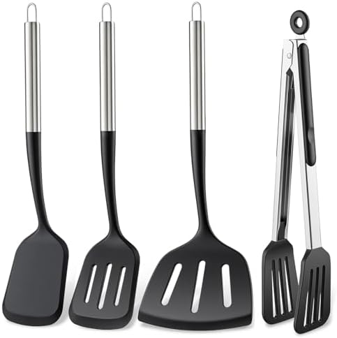 Silicone Spatula Set for Cooking BBQ with 12" Grill Tongs Large Turner-4Pcs by HE-SANQI