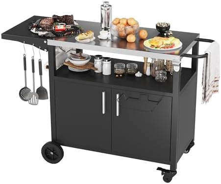 JY QAQA Outdoor Grill Cart with Storage,Patio Kitchen Island Outdoor Grill Table with Wheels,BBQ Cart Movable Pizza Oven Table Stand, Storage Cabinet, Foldable Tabletop, (Black) by JYQAQA
