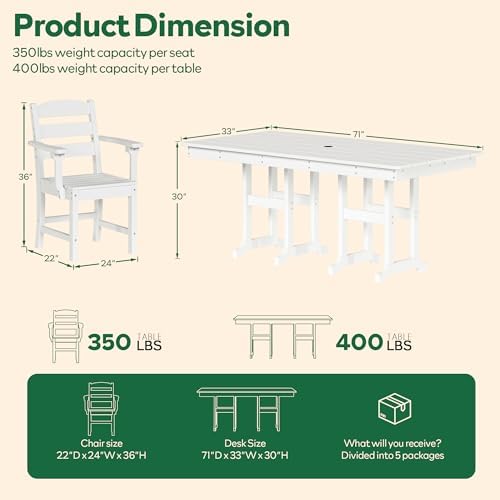 HOPUBUY 7 Pieces Patio Dining Set for 6, 71" HDPE All-Weather Patio Table and Chairs Set with Umbrella Hole, Durable Outdoor Furniture Set for Garden, Backyard, Lawn & Poolside (White) - Image 2