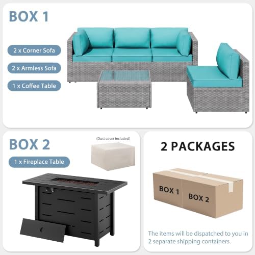 Shintenchi 6 Piece Outdoor Patio Furniture Set with 43 Inch Propane Fire Pit, Washable Cushions, Glass Coffee Table, Waterproof Cover & CSA Certified for Backyard Poolside, Silver PE Rattan/Blue - Image 7