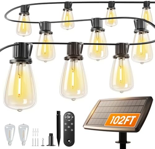 addlon 102FT(96+6) Solar String Lights Outdoor with Remote, 48 LED Dimmable by addlon