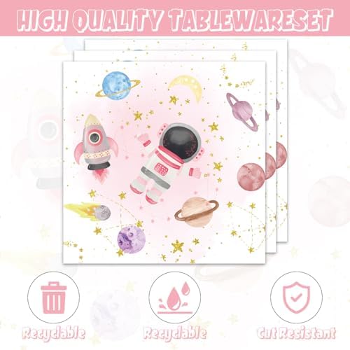 Egami 40pcs Pink Space Party Supplies,include 20 Dessert plate and 20 Napkin,Galaxy Space Planet Astronauts Birthday Plate Napkin Set,Used for outer space Party Decoration - Image 3