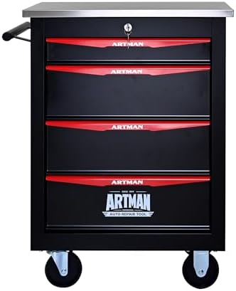 4-Drawer Heavy-Duty Rolling Steel Tool Cart with Handle&Wheels, Metal Storage Organizer Cabinet, Tool Chest for Efficient Tool Storage in Garage, Warehouse, Workshop, Repair Shop, Black&RED by Unknown