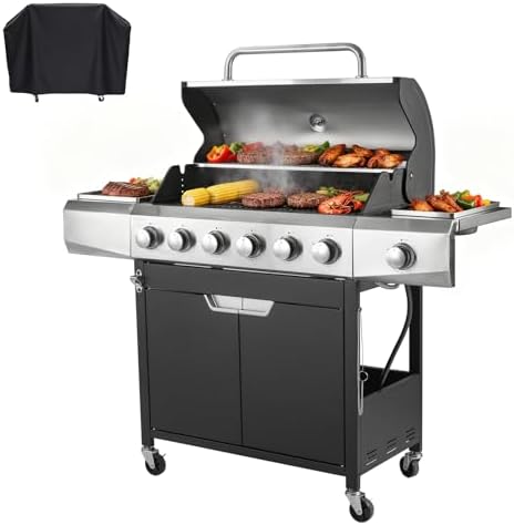 Endark Upgraded 68,500 BTU 6-Burner Propane Gas Grill with Side Burner | Stainless Steel Outdoor BBQ Grill with Cast Iron Grates & Wheels for Patio, Garden, Backyard by ENDARK