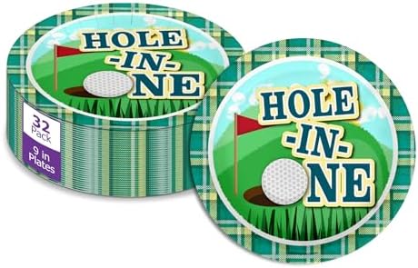 Hole in One Golf First Birthday - 32 Piece Disposable Party Supplies - Decorations for Golfing 1st Birthday Round Party Plates - Large 9" Paper Plates In Bulk by BirthdayGalore