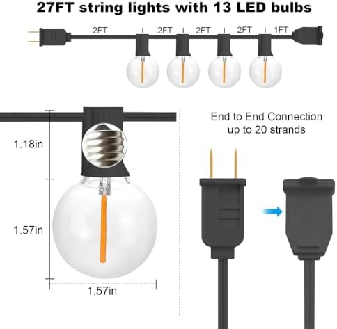 SUNTHIN 27FT Globe Outdoor String Lights with 14 G40 LED Bulbs (1 Spare) - Image 3