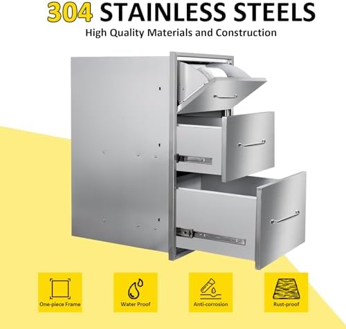 Outdoor Kitchen Drawers with Paper Towel Holder 17" W x 30"H Flush Mount BBQ Drawers with Chrome Handle,Stainless Steel Built-in Triple Access Drawers for Outdoor Kitchen Island, Patio Grill Station - Image 3
