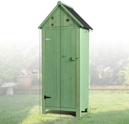 VINGLI Outdoor Wooden Storage Shed, Garden Shed Outside Tool Cabinet with Safety Latch, Patio Storage Organizer (Light Green) - Image 4