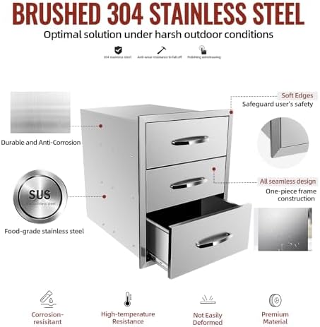 Outdoor Kitchen Drawers Stainless Steel, BBQ Drawer Inserts for Built-in Patio Grill Station, Triple Drawer, 18''W x 23''H x 23''D - Image 3