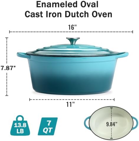 Enameled Dutch Oven Pot with Lid, 7 QT Cast Iron Dutch Oven with Dual Handles, Oval Dutch Oven for Cooking, Bread Baking, Frying, Non-stick Enamel Coated Oven (Blue-Green) - Image 2