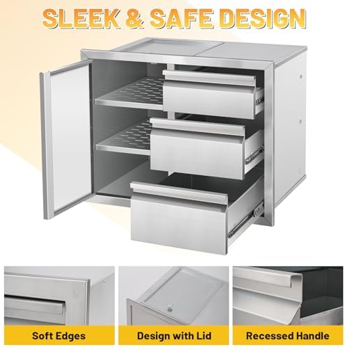 Outdoor Kitchen Drawer Combo Cabinet Stainless Steel Triple Drawers & Access Door, 28" W x 22" H x 19.5" D, Multi-Layer Design with Partition, Perfect for BBQ Grill Station - Image 5
