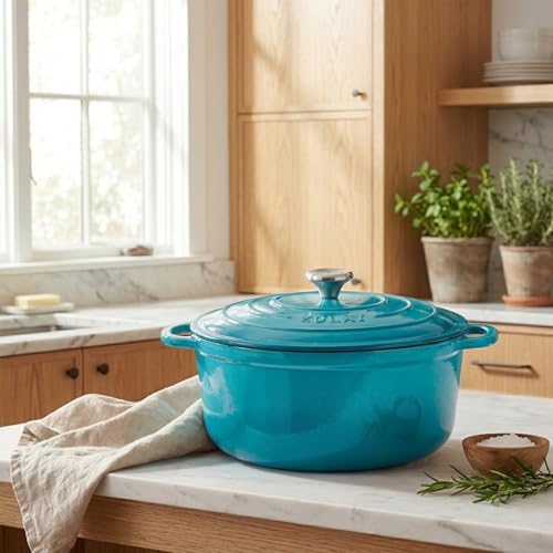 Zulay Kitchen 7.7 Quart Enameled Cast Iron Dutch Oven Pot with Lid – Premium Durability & Oven Safe up to 500°F – Heavy Duty Cookware Perfect for Bread Baking, Stews, Braising & Roasting – Light Blue - Image 2